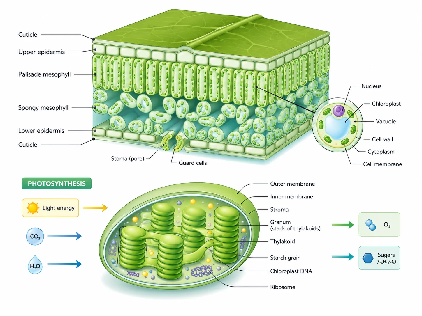 Leaf cross-section, photosynthesis