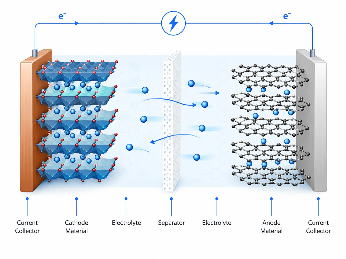 Battery layered structure, ion flow