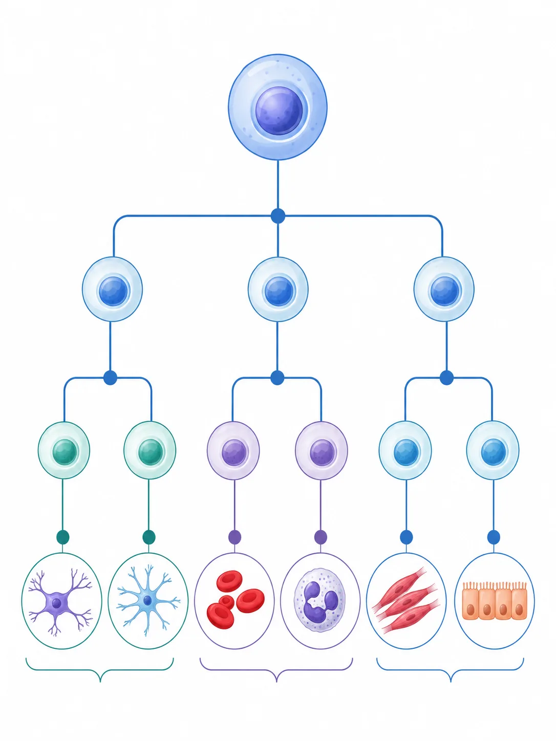 AI-generated composition showing a branching stem cell differentiation hierarchy