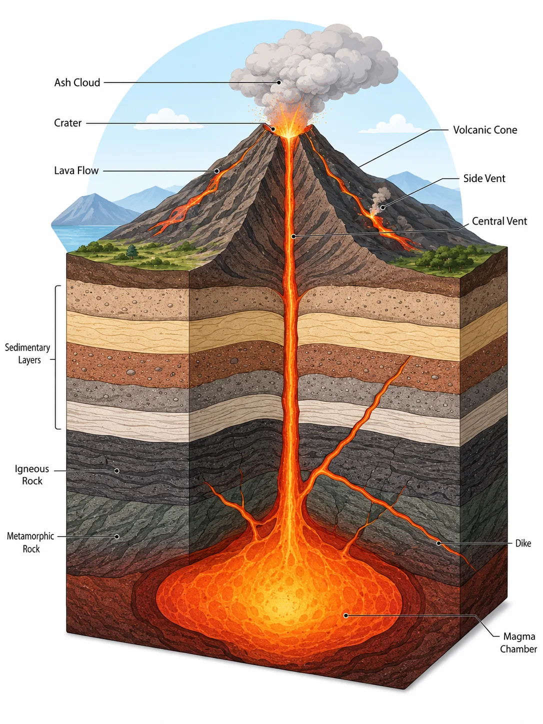 Layered geological cross-section with a volcano