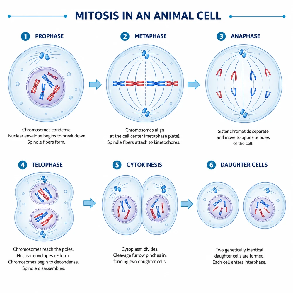 AI-generated animal cell mitosis stages illustration