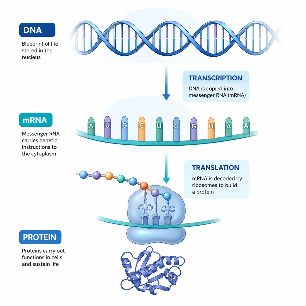 AI-generated central dogma transcription and translation illustration