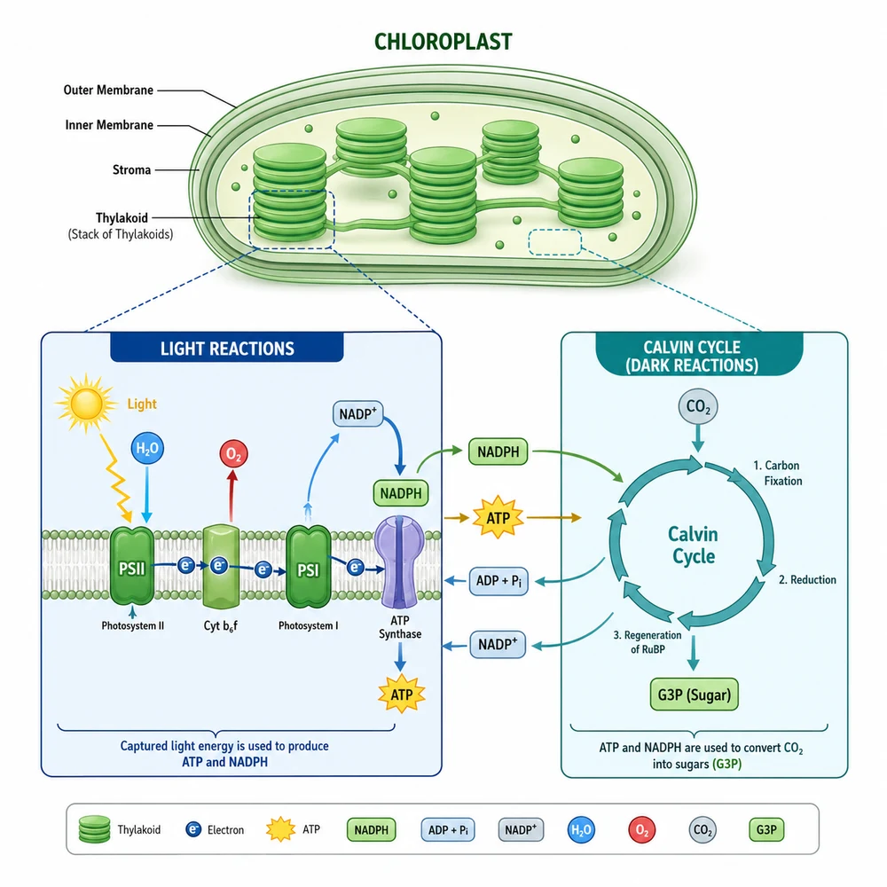 AI-generated chloroplast photosynthesis reactions illustration