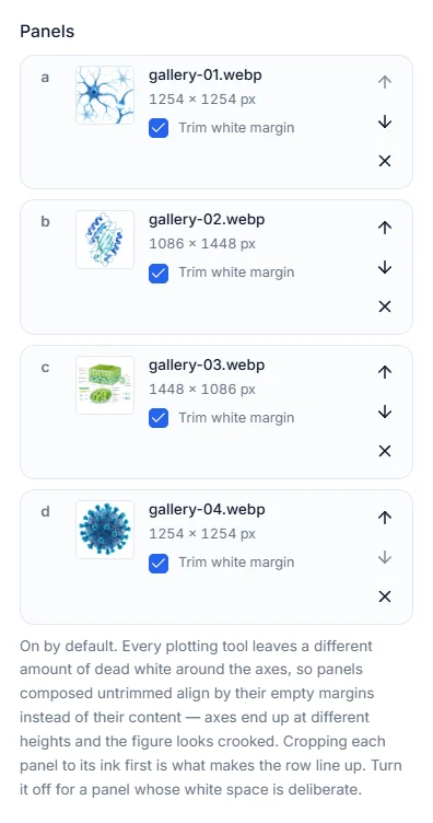 The panel list showing each source file, its pixel dimensions, a trim toggle and reorder arrows
