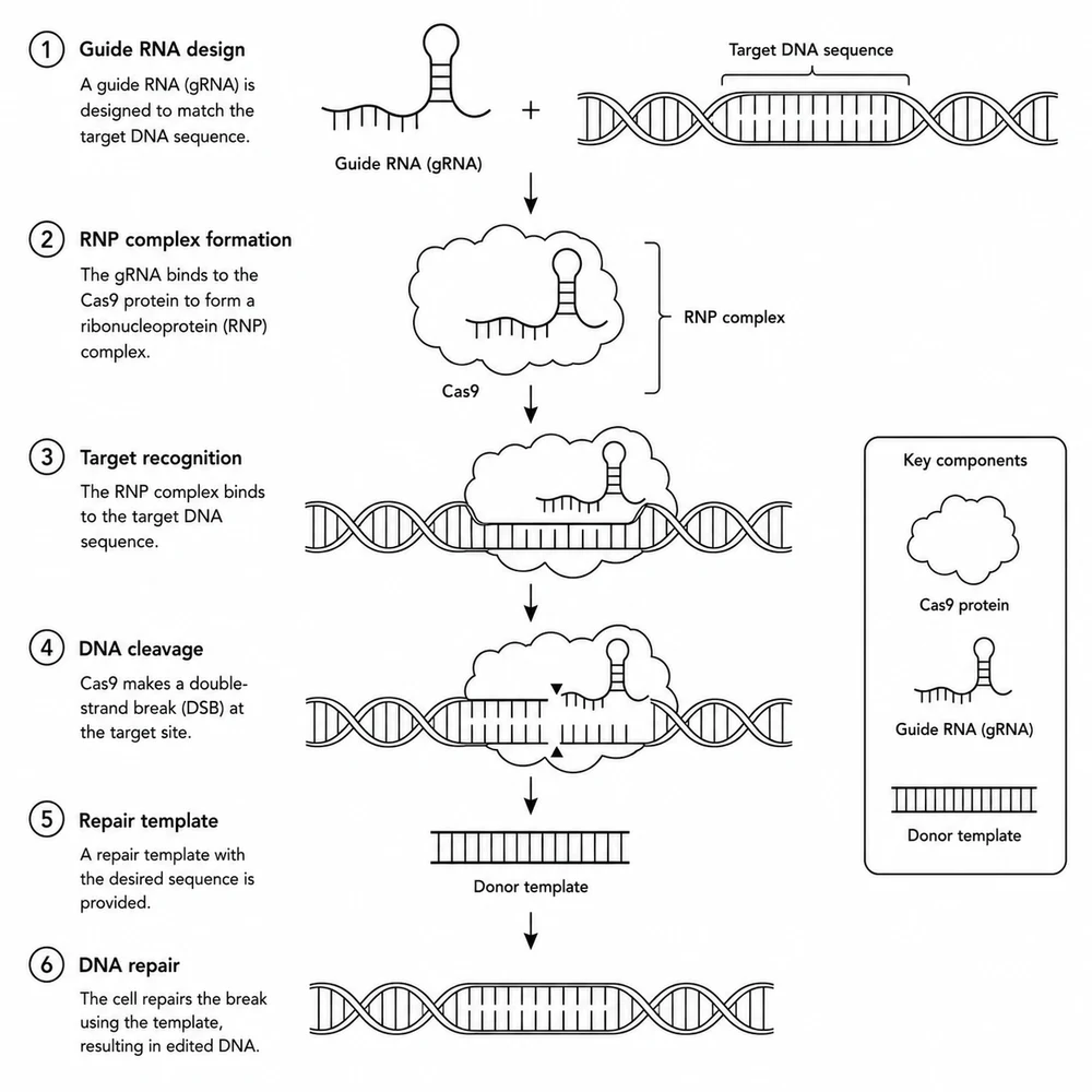 The same biology schematic restyled as black-and-white line art with no fills