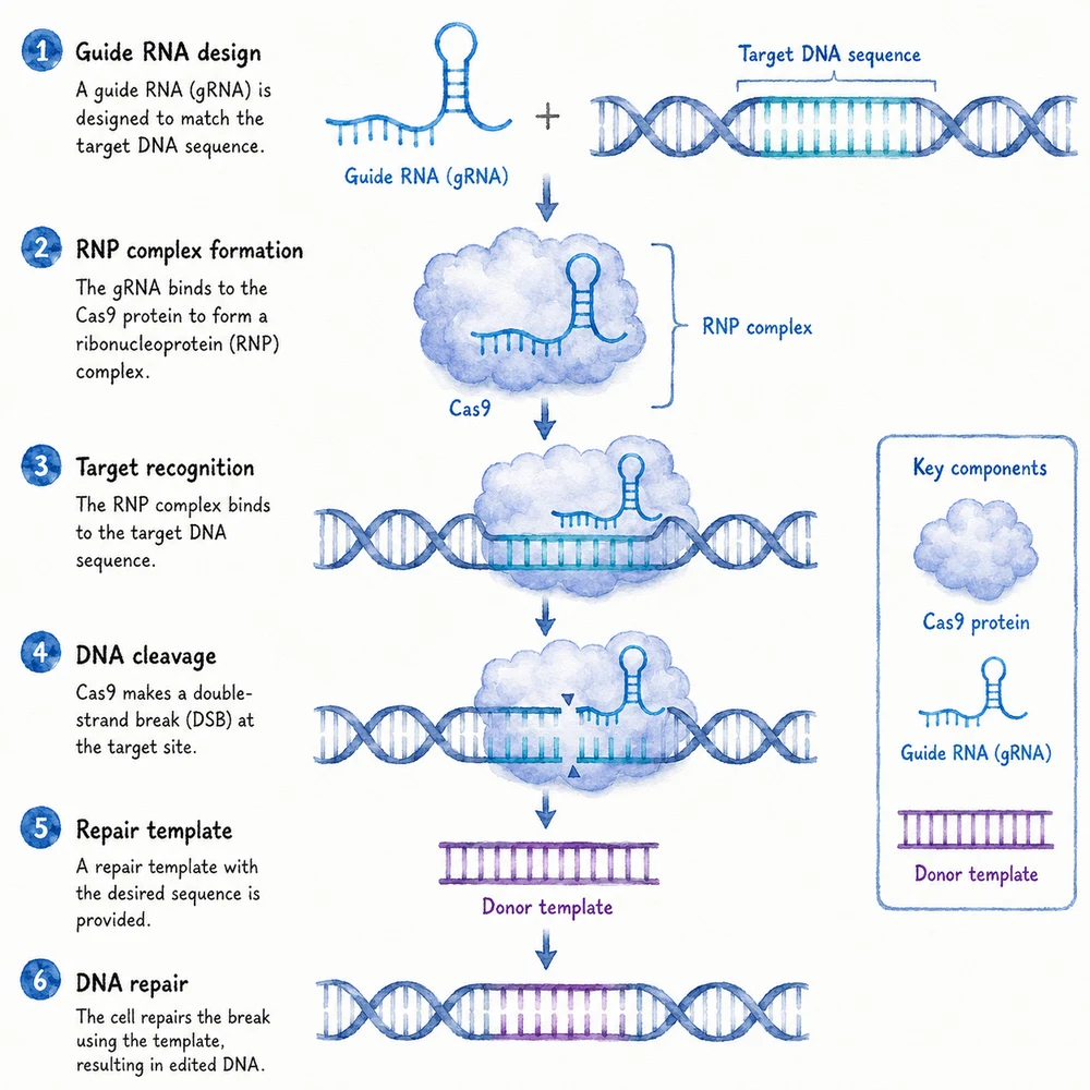 The same biology schematic restyled as a scientific watercolor with soft pigment blooms and paper grain