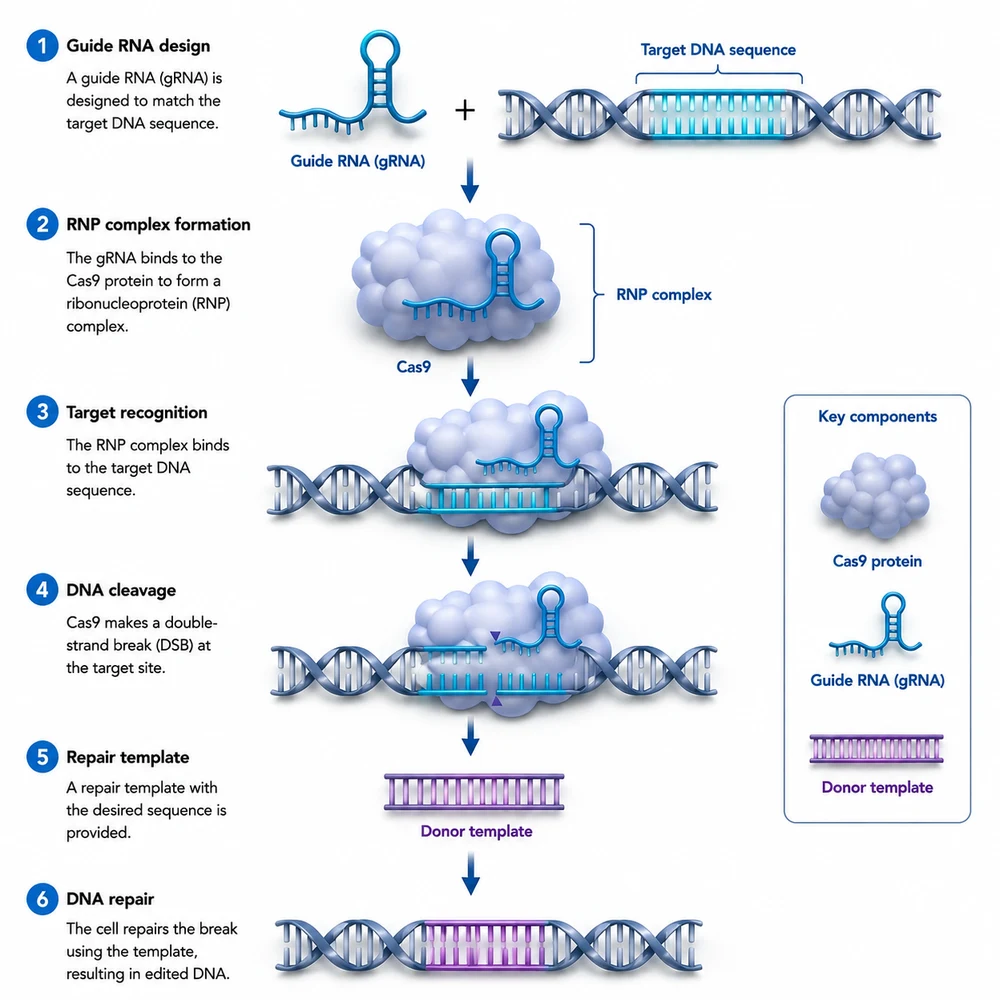 The same biology schematic restyled as a soft 3D render with matte materials and shallow depth