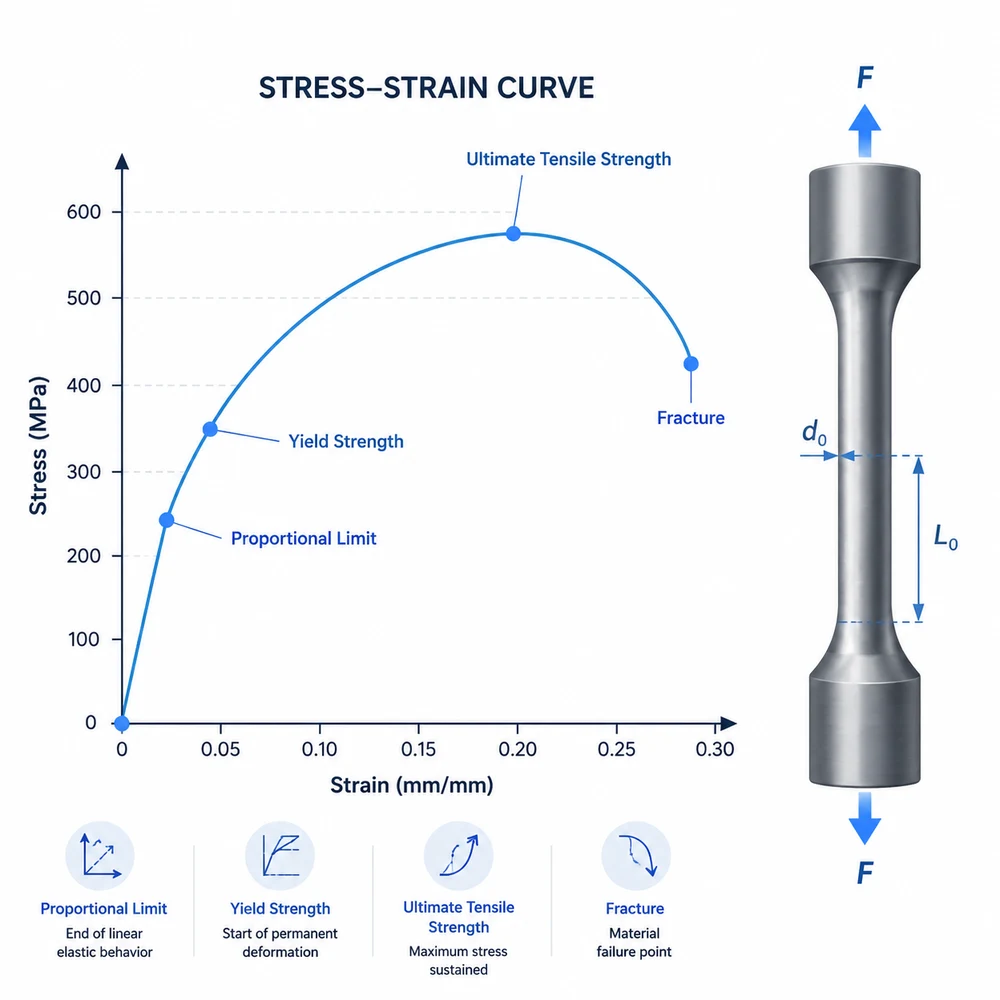 AI-generated stress-strain testing curve illustration