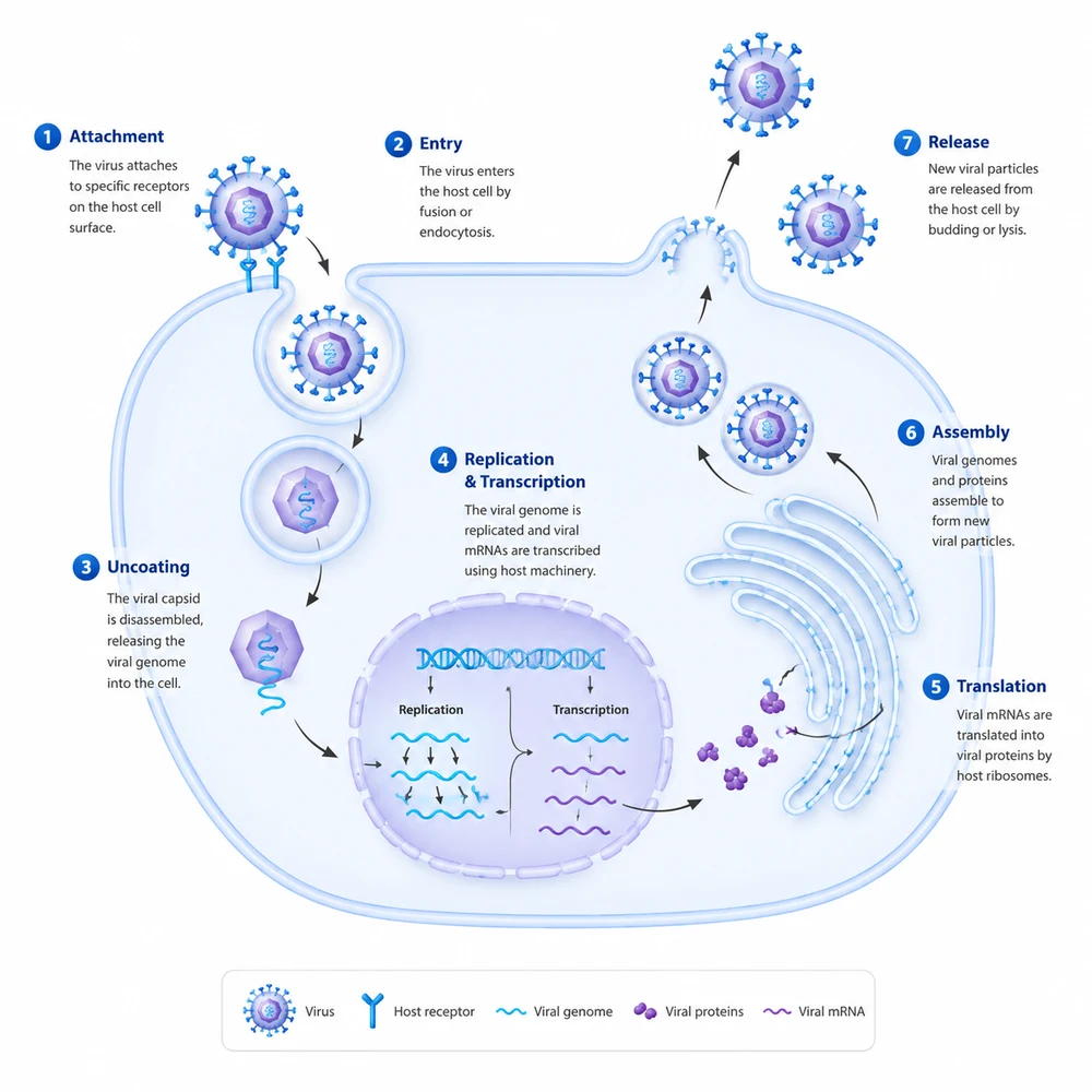 AI-generated viral replication cycle illustration