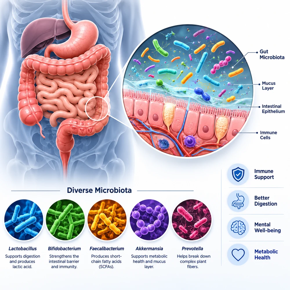 AI-generated gut microbiome community illustration