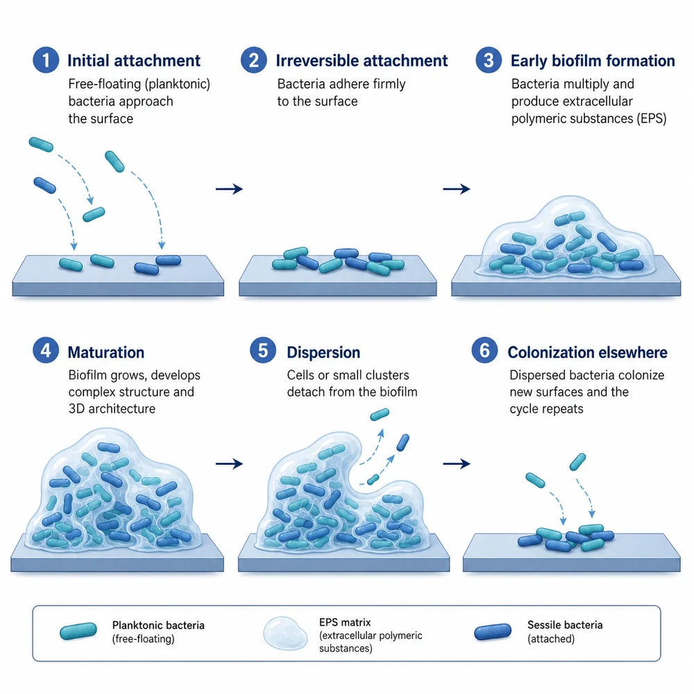 AI-generated biofilm formation stages illustration