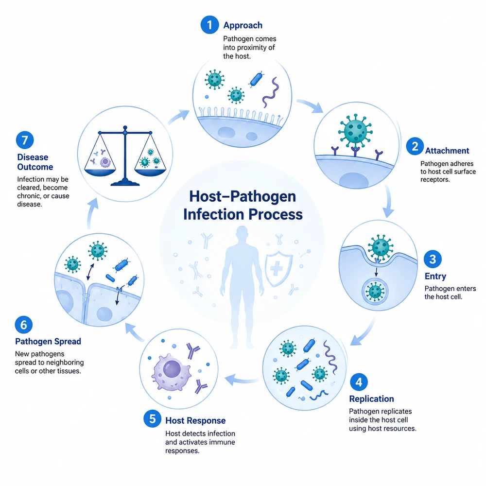 AI-generated host-pathogen infection process illustration