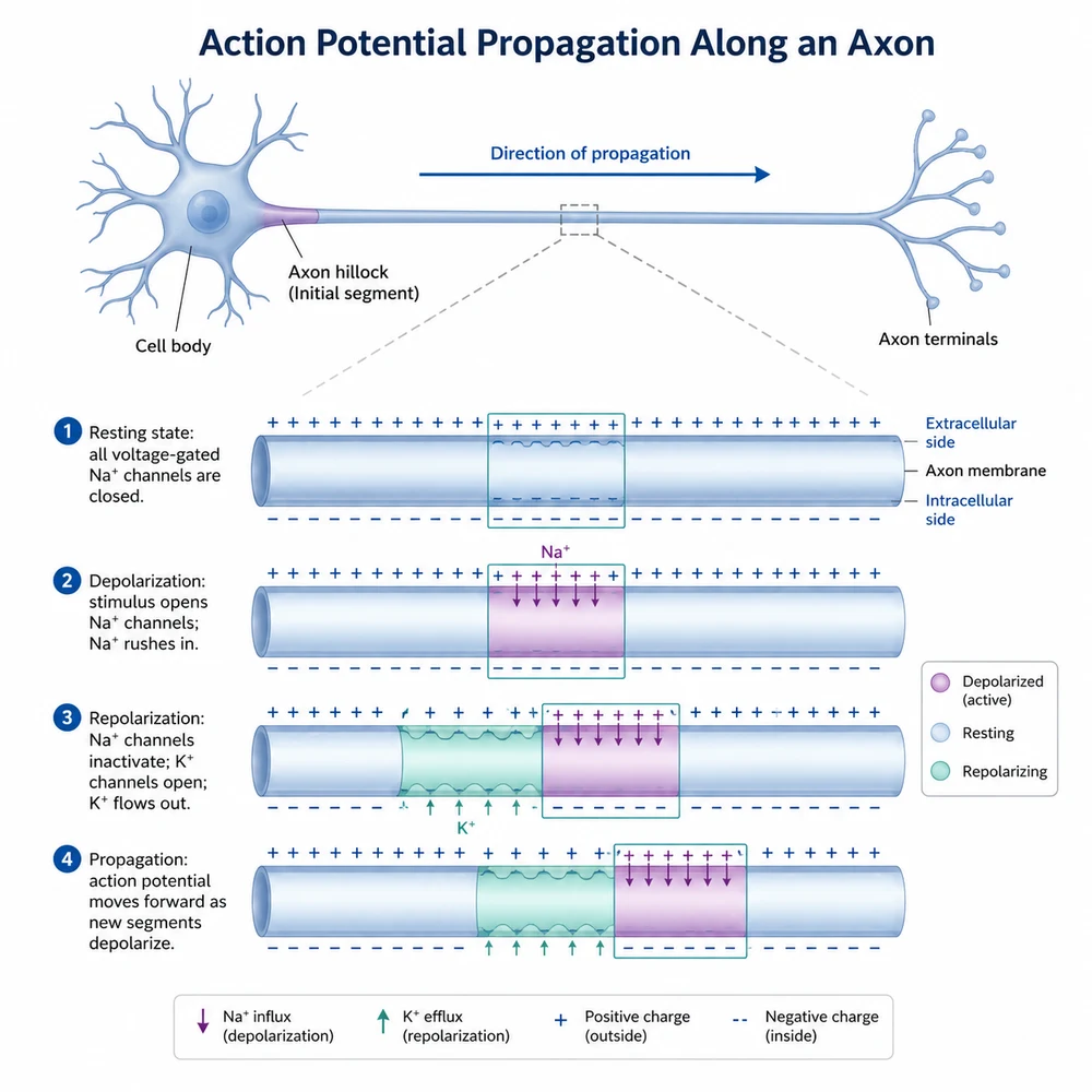 AI-generated action potential propagation illustration
