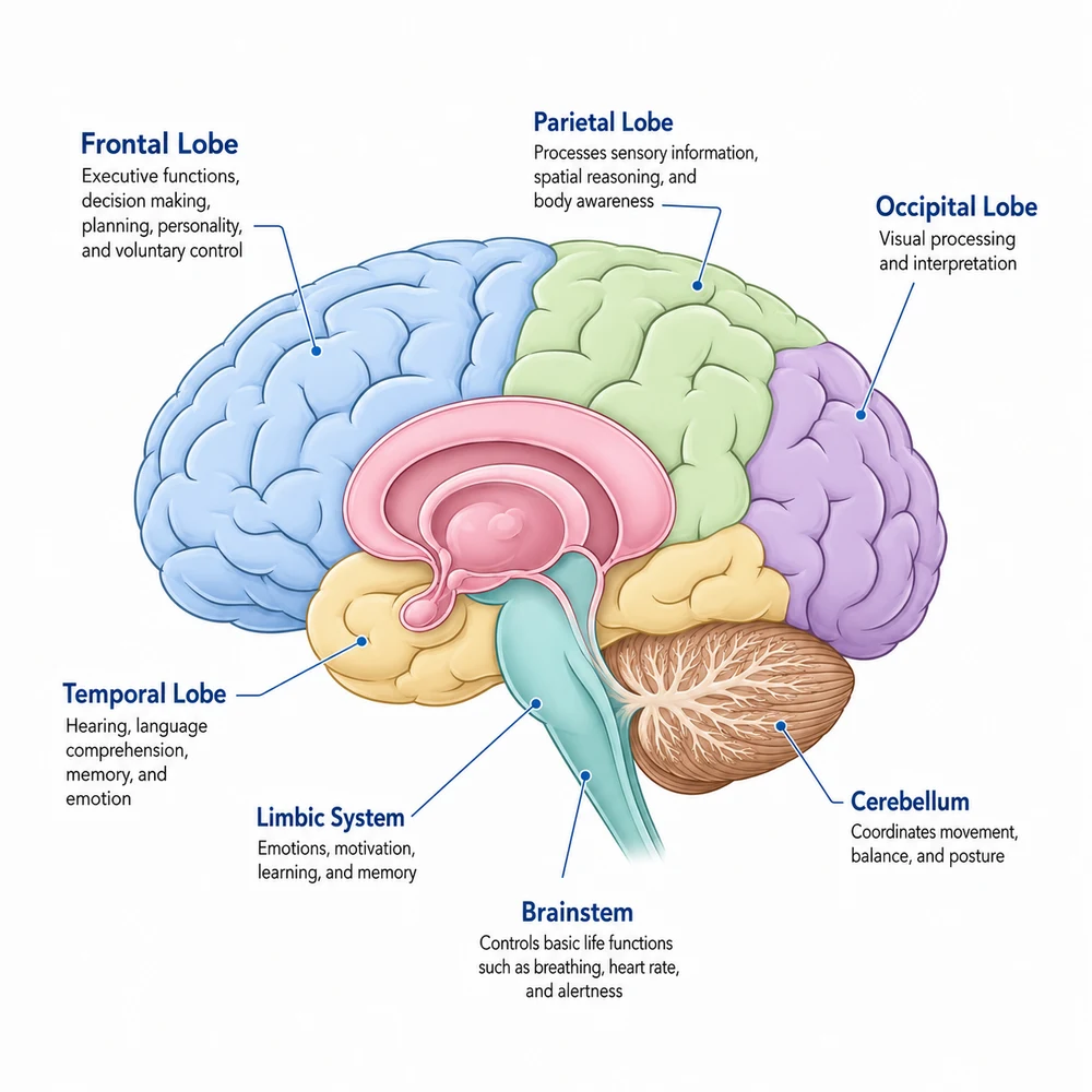 AI-generated human brain regions map illustration