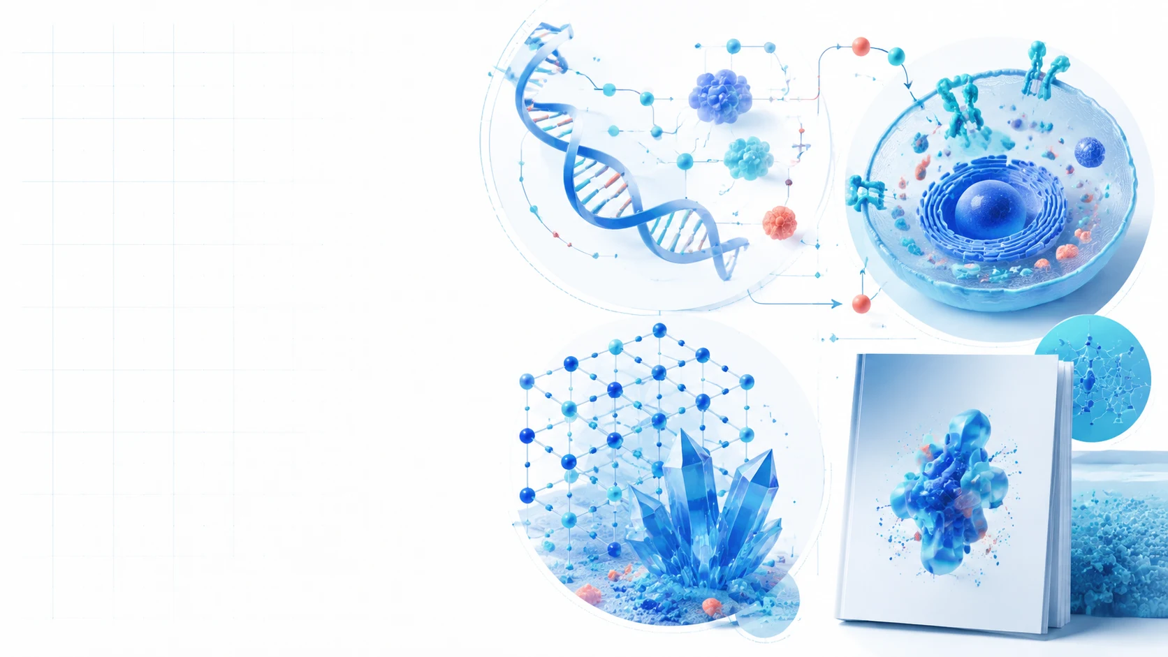 Scientific visual atlas with DNA, cell biology, materials science, and journal artwork